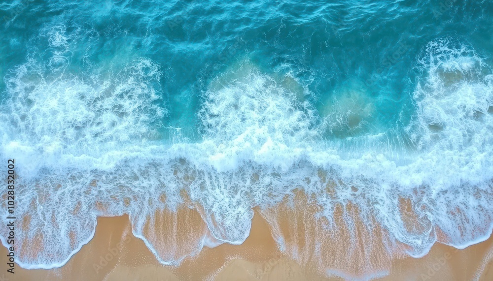 Obraz premium Aerial view of turquoise ocean waves gently crashing on a sandy beach
