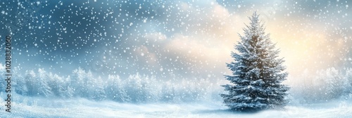 Winter landscape featuring a snow covered forest and a lone tree at sunset