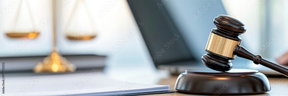 Gavel and scales of justice on desk with laptop in legal office setting Gavel and scales of justice on desk with laptop in legal office setting