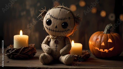 voodoo doll surrounded by Halloween decorations