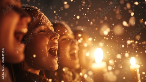 Festive Friends Singing Carols by Candlelight Amidst Snowflakes - Warm Christmas Atmosphere with Ultra-Detailed, Cinematic Light