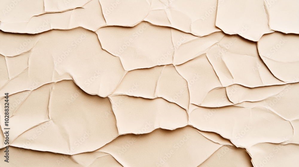 Abstract close-up of overlapping beige torn paper pieces creating a textured layered pattern with shadows and varying edges. Abstract close-up of overlapping beige torn paper pieces creating a textured layered pattern with shadows and varying edges.