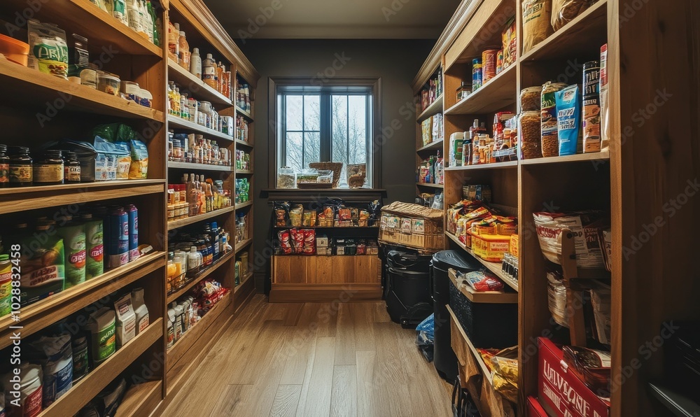 Well-stocked pantry with wooden shelves and various food items. Well-stocked pantry with wooden shelves and various food items.