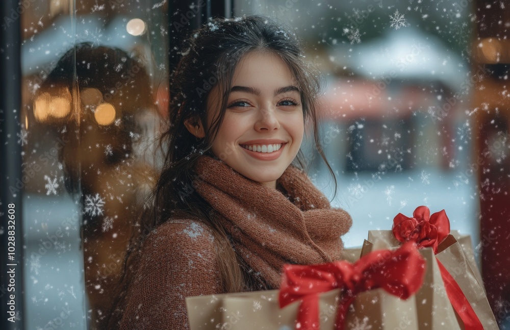 Happy woman enjoying winter shopping in a festive city with snowflakes falling around her Happy woman enjoying winter shopping in a festive city with snowflakes falling around her