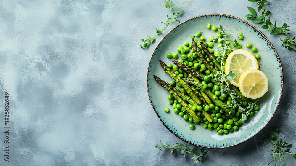 A vibrant plate of green peas with grilled asparagus and lemon, placed on a light gray background with artistic floral decorative elements A vibrant plate of green peas with grilled asparagus and lemon, placed on a light gray background with artistic floral decorative elements
