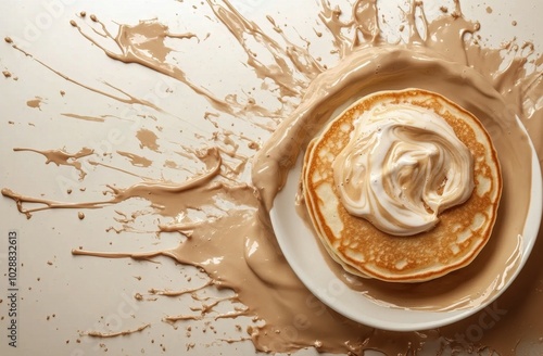 Fluffy pancakes stacked high with whipped cream and coffee on a cozy breakfas...