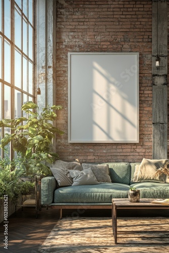 Cozy green sofa in a sunlit urban apartment with large windows and a blank ca...