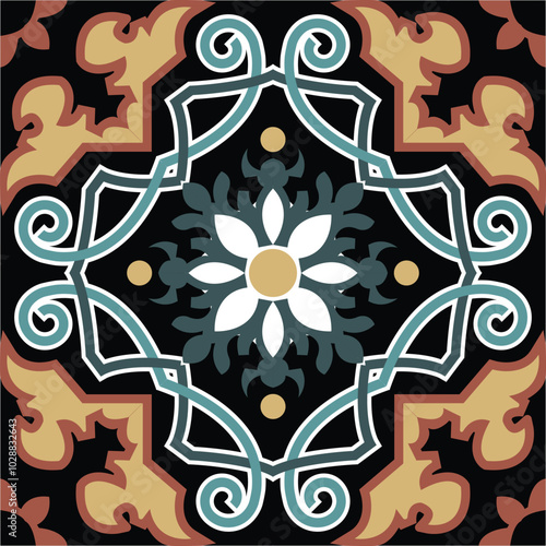 ceramic tile pattern vector, vintage damask wallpaper, colorful seamless floral background, texture for design floor, wall, textile, paper, tiled, Portugal, Morocco	
