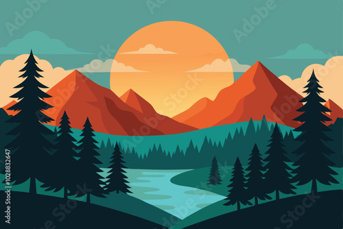 Mountain Sunrise Sunset Landscape with Pine Cedar Spruce Conifer Fir Evergreen Hemlock Larch Cypress Trees Forest and Lake River Creek , Morning Panorama