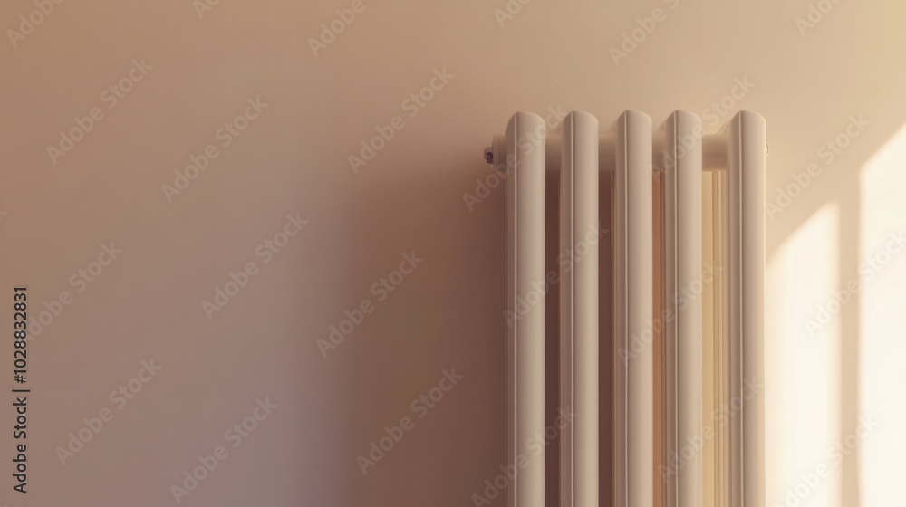 Close-up of a white vertical heating radiator in a contemporary apartment, against a soft beige wall, providing both functionality and modern design. Free space above. Close-up of a white vertical heating radiator in a contemporary apartment, against a soft beige wall, providing both functionality and modern design. Free space above.