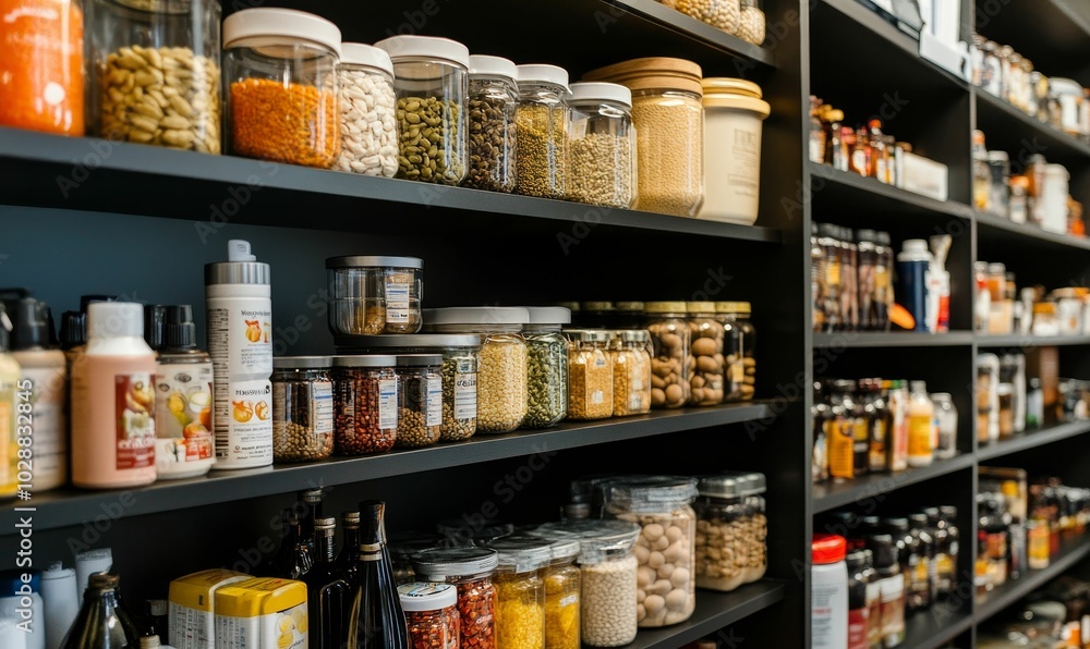 Black shelves filled with jars and bottles. Black shelves filled with jars and bottles.