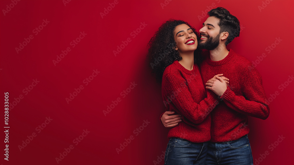 Valentine’s Day. Photograph of a smiling couple holding hands on a single red background Valentine’s Day. Photograph of a smiling couple holding hands on a single red background