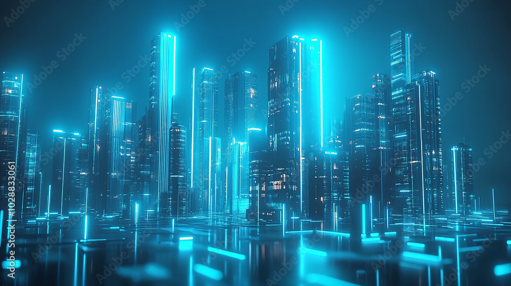 Blue futuristic cityscape with glowing buildings Blue futuristic cityscape with glowing buildings
