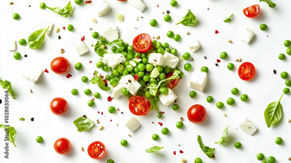 A vibrant salad of green peas, cherry tomatoes, and mozzarella, floating on a clean white background with delicate geometric accents A vibrant salad of green peas, cherry tomatoes, and mozzarella, floating on a clean white background with delicate geometric accents