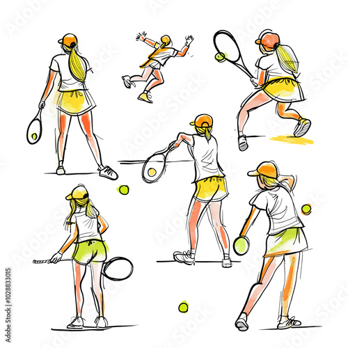 Tennis club hand drawn vector banner template. Professional female athletes hitting ball flat cartoon characters set.