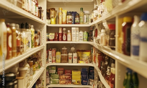 Overstocked pantry shelves with various products.