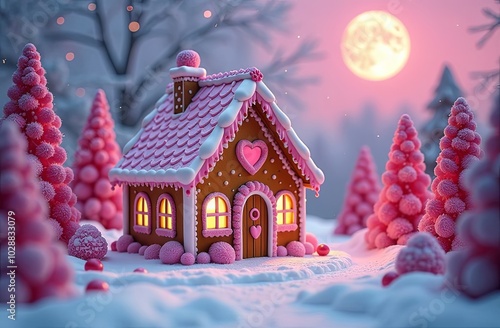 A fabulous gingerbread house with pink icing and lollipops in a fabulous sweet winter pink forest. Have a magical Christmas and New Year greeting card photo