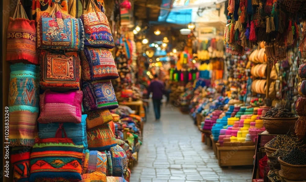 Fototapeta premium Colorful textiles and goods in a bustling market.