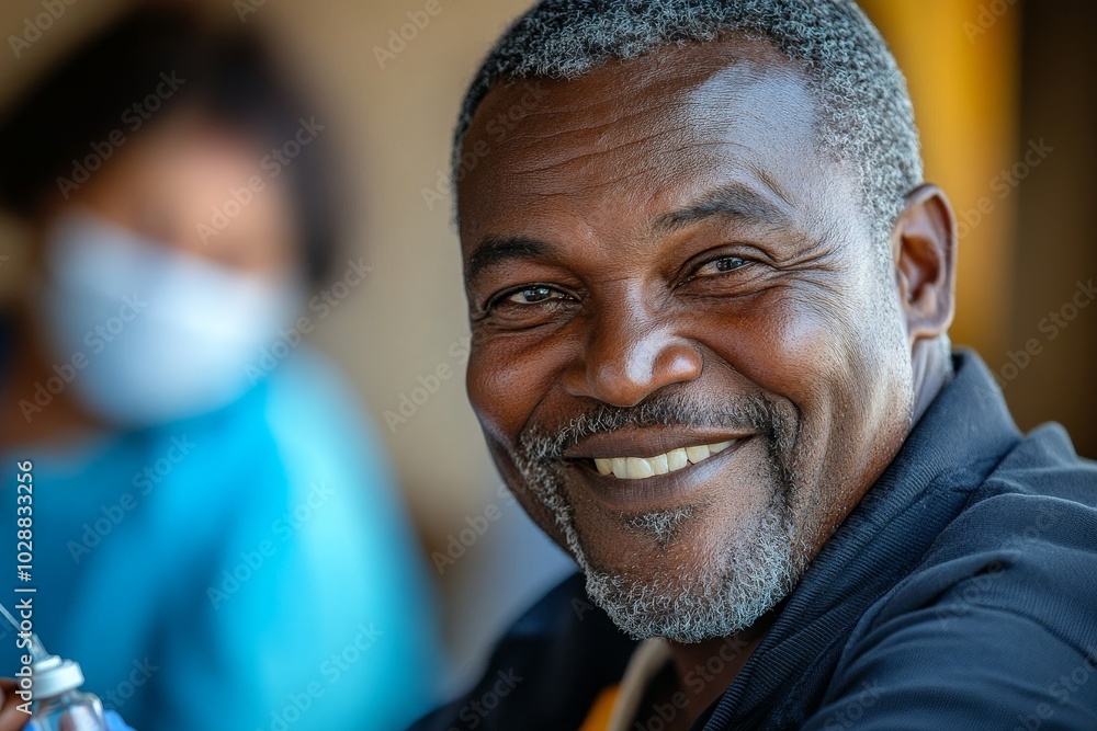 Man smiling after receiving vaccination, Generative AI Man smiling after receiving vaccination, Generative AI