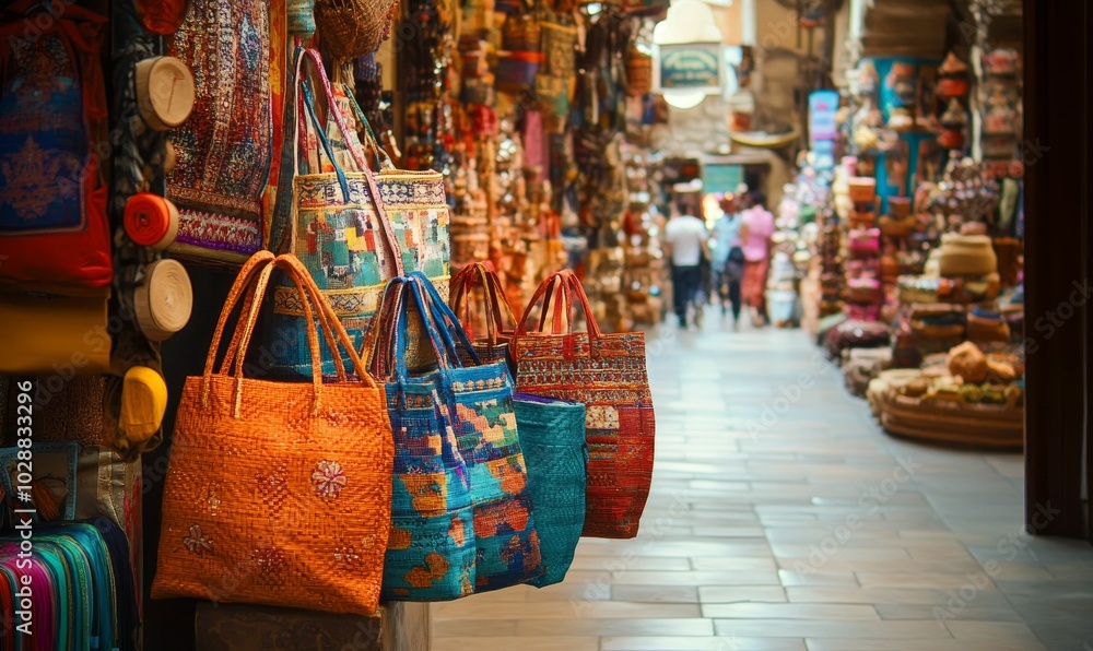 Fototapeta premium Colorful bags and scarves in a market stall.