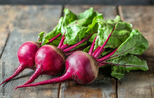 Fresh radishes with green leaves on a wooden board against a textured gray ba...