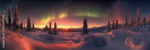 Stunning view of the northern lights illuminating a snowy landscape at dusk i...