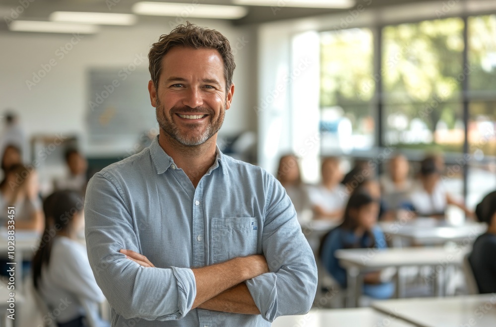 Smiling teacher in a classroom with engaged students during a sunny daytime lesson Smiling teacher in a classroom with engaged students during a sunny daytime lesson