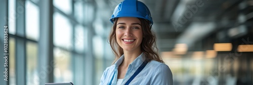 Young engineer wearing a blue hard hat smiles while holding a tablet in a mod...