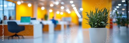 Bright modern office space with creative workstations and plants during dayti...