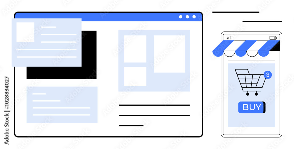 Webpage layout with text and images alongside a mobile app screen displaying a shopping cart with, a buy button Ideal for e-commerce websites mobile shopping user interface online stores and digital Webpage layout with text and images alongside a mobile app screen displaying a shopping cart with, a buy button Ideal for e-commerce websites mobile shopping user interface online stores and digital