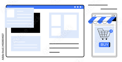 Webpage layout with text and images alongside a mobile app screen displaying a shopping cart with, a buy button Ideal for e-commerce websites mobile shopping user interface online stores and digital