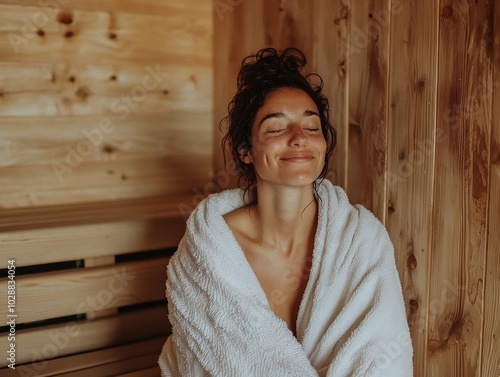 Smiling woman sitting in sauna in white terry towel