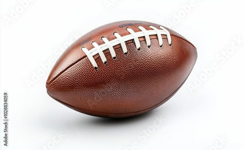 Brown leather football on a plain background, emphasizing its texture and stitching details