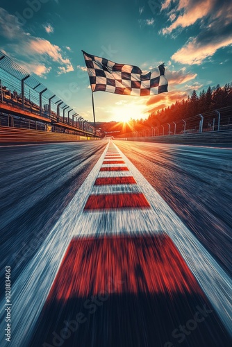 Racing flag waves over the finish line at a motorsport circuit under a bright...