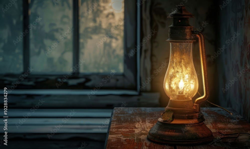 Antique oil lamp illuminating a darkened room, 4K hyperrealistic photo Antique oil lamp illuminating a darkened room, 4K hyperrealistic photo