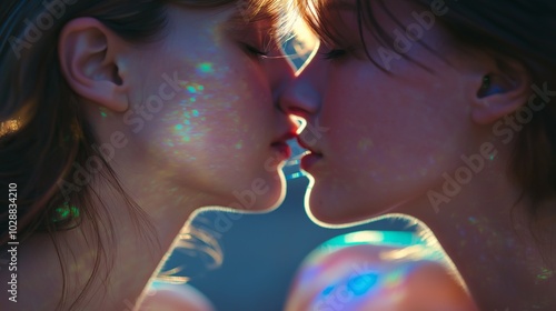 Close-up of two women kissing in vibrant lighting. LGBTQ love, queer representation, gender-fluid fashion, inclusive media, bold colors, modern identity, neon aesthetics. photo