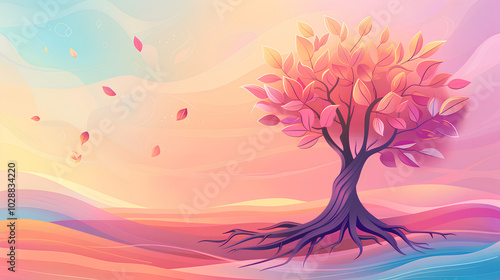 abstract background vector with tree, roots and colorful sky. Concept of life cycle or growth in nature. design for spring season, poster template or banner template.