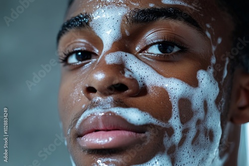 Starting his skincare routine with a refreshing face wash, man applies a facial cleanser, Generative AI