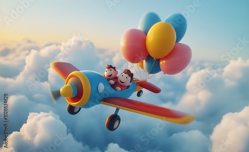 Children enjoying a whimsical flight above clouds filled with colorful balloo...