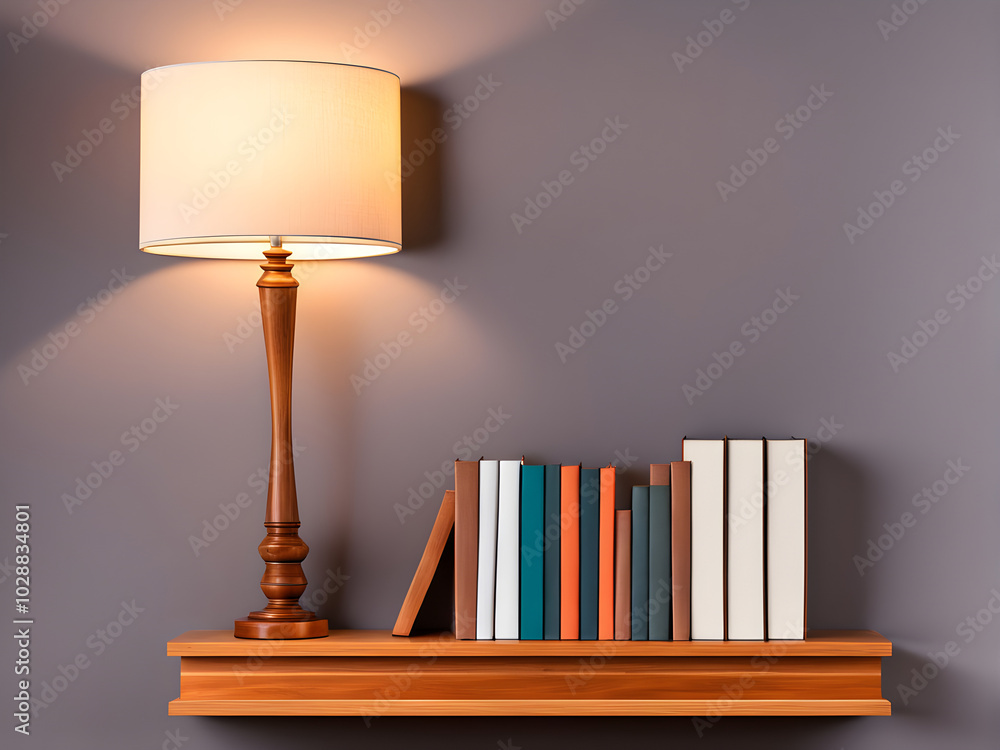 bookshelf on the wall with lamp and books bookshelf on the wall with lamp and books