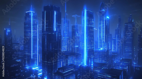 Blue futuristic cityscape with glowing buildings