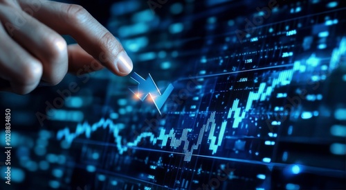 A business professional analyzes financial data through digital graphs and ch...
