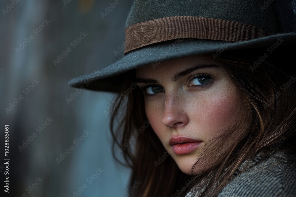 Elegant woman in green hat with intense gaze and natural beauty Elegant woman in green hat with intense gaze and natural beauty