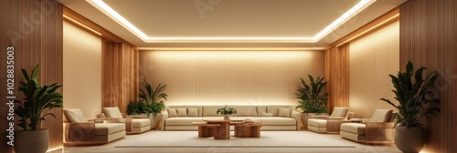Elegant modern lobby with soft lighting and lush greenery in a contemporary b...