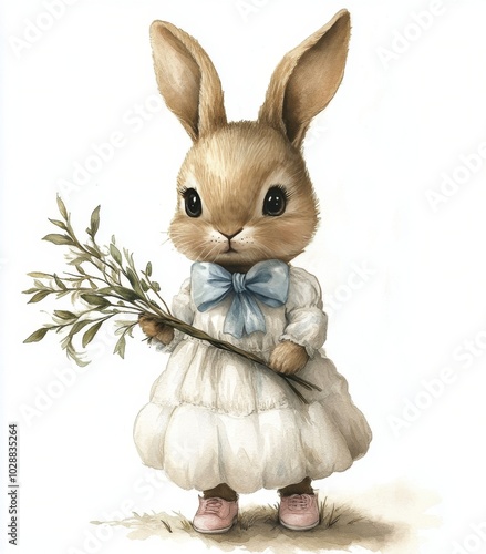 Cute rabbit wearing a dress holding a branch in a whimsical forest setting du...