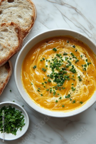 Warm and creamy butternut squash soup served with toasted bread on marble cou...