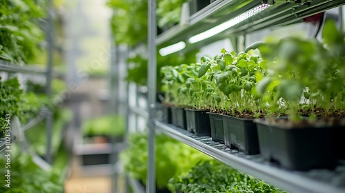 A vibrant indoor garden showcasing various young plants in trays, emphasizing growth and sustainability.