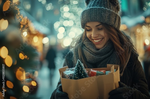 Young woman enjoying holiday shopping while admiring a beautifully decorated ...