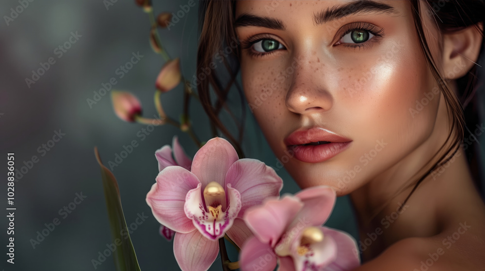 A woman with green eyes and a pink flower in her hand A woman with green eyes and a pink flower in her hand