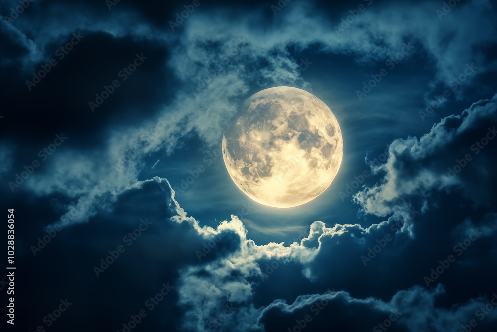 Full moon shining through dark clouds in a dramatic night sky Full moon shining through dark clouds in a dramatic night sky